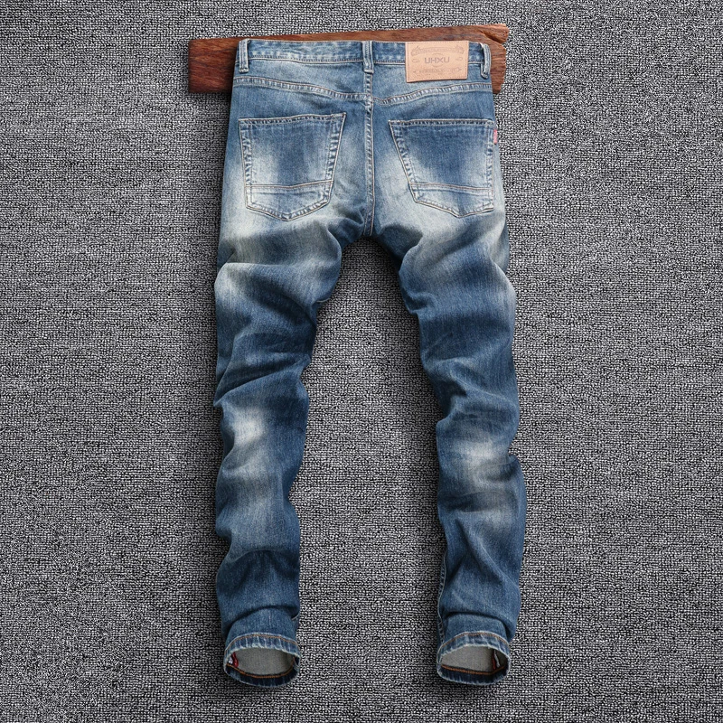 Italian Style Fashion Men Jeans Stretch Slim Fit Ripped Jeans Men Plain Washed Retro Blue Vintage Designer Denim Pants Hombre