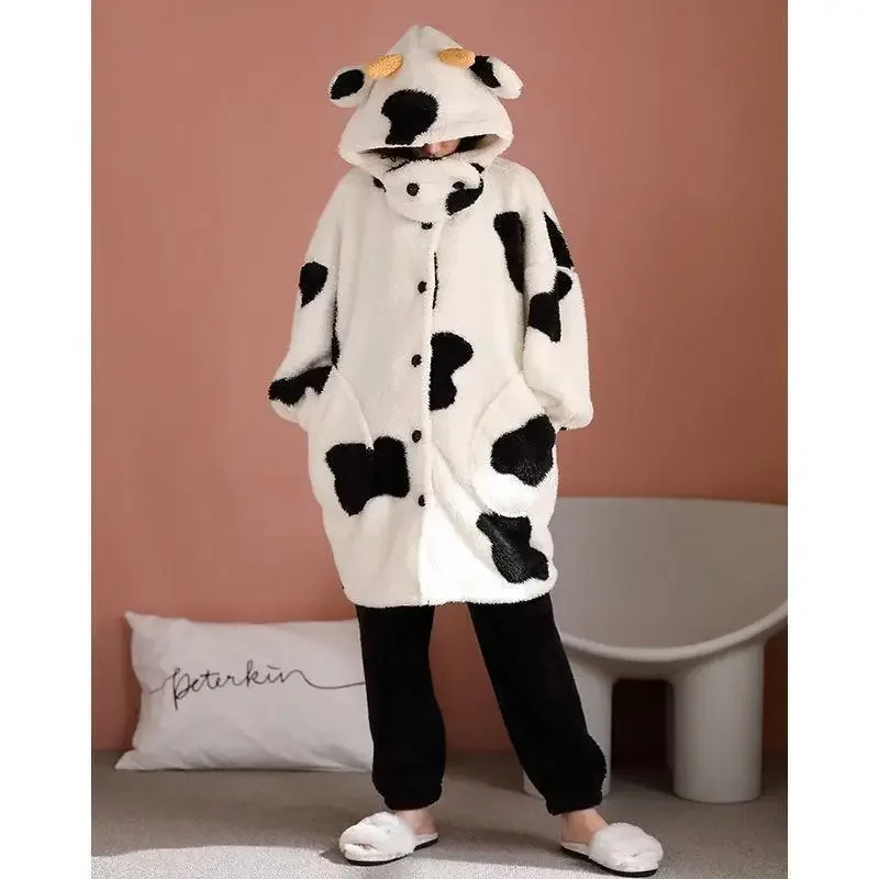 Women Sleepwear Thick Hooded Nightgown Kawaii Winter Robes Flannel Girls Animal Fleece Pajamas Female Cartoon Cow Home Clothes