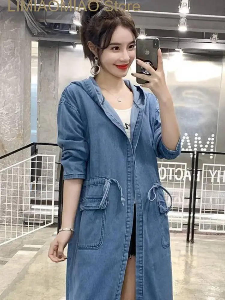 New Trench Coat for Women Spring Autumn Solid Medium Long Hooded Jean Jacket for Women Clothing Windbreaker Tops Denim Coat