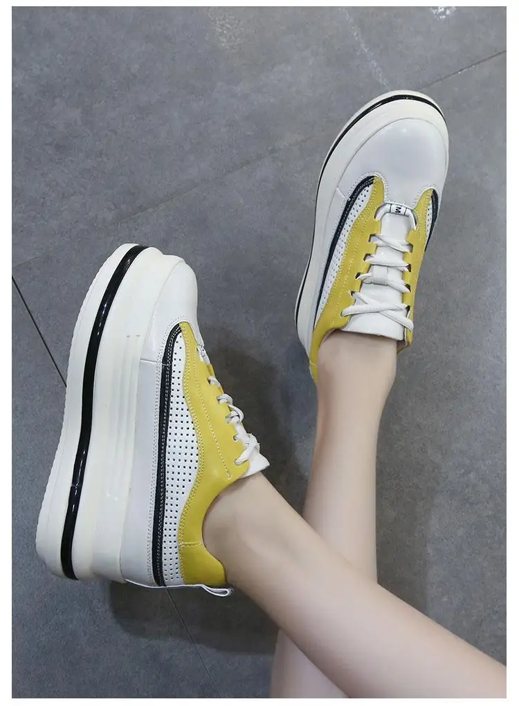 7cm Leather Hollow Platform Wedge Sneakers - true deals club