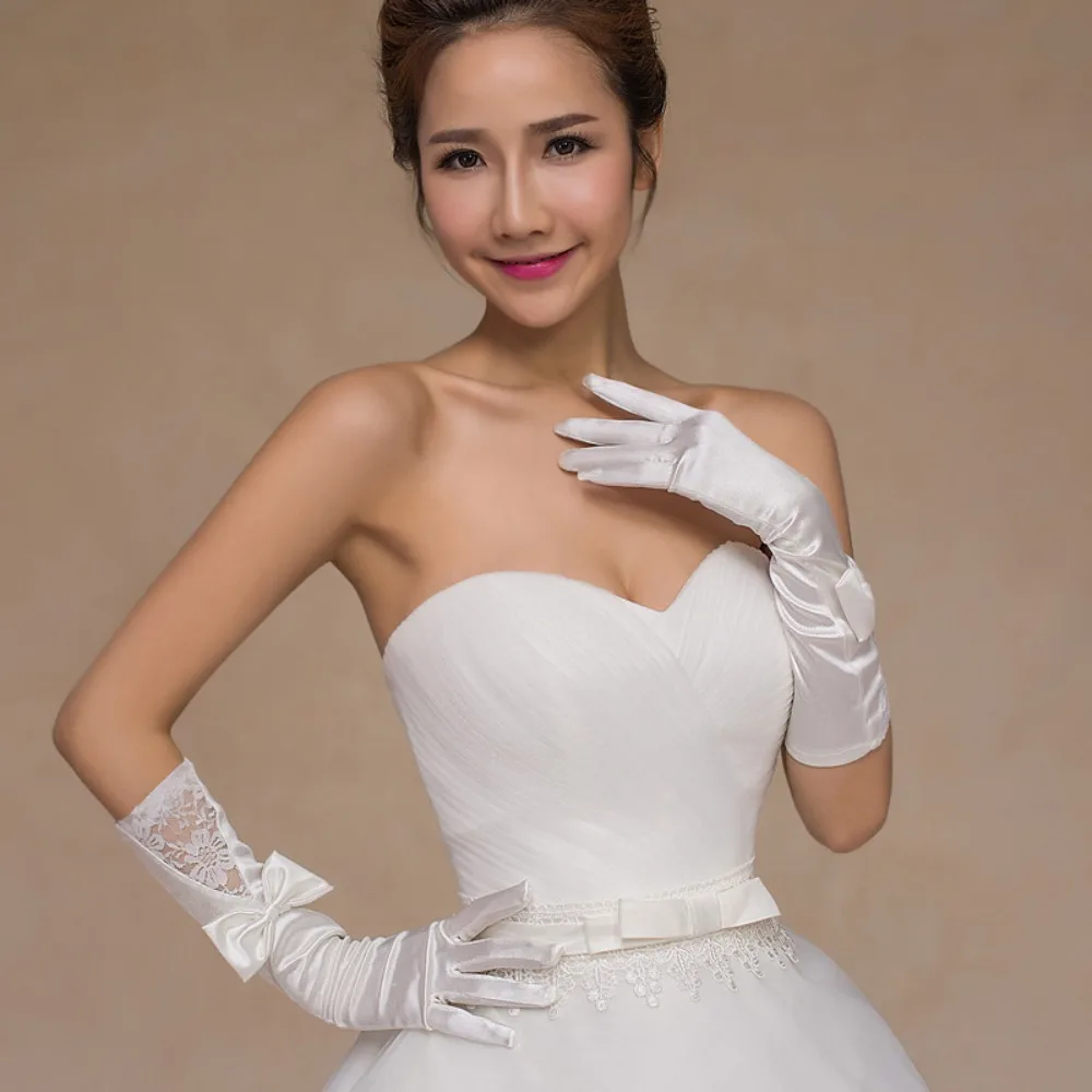 

Retro Dress Accessories Dinner Dress Banquet Autumn Party Lace Long Gloves Bow Etiquette Mittens Women Satin Gloves