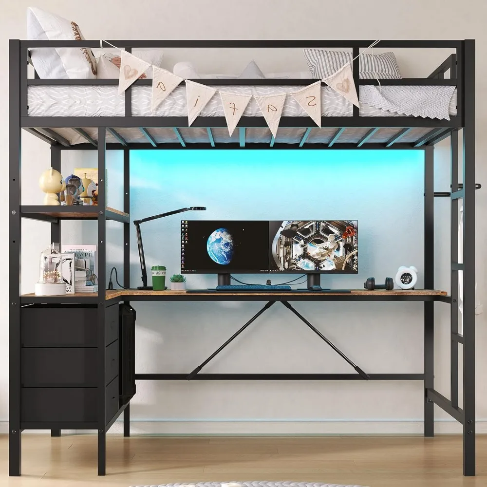 Twin Loft Bed with L-Shaped Desk, LED Lights, 3 Storage Shelves and 3 Fabric Drawers, Charging Station LED Loft Bed Frame 6