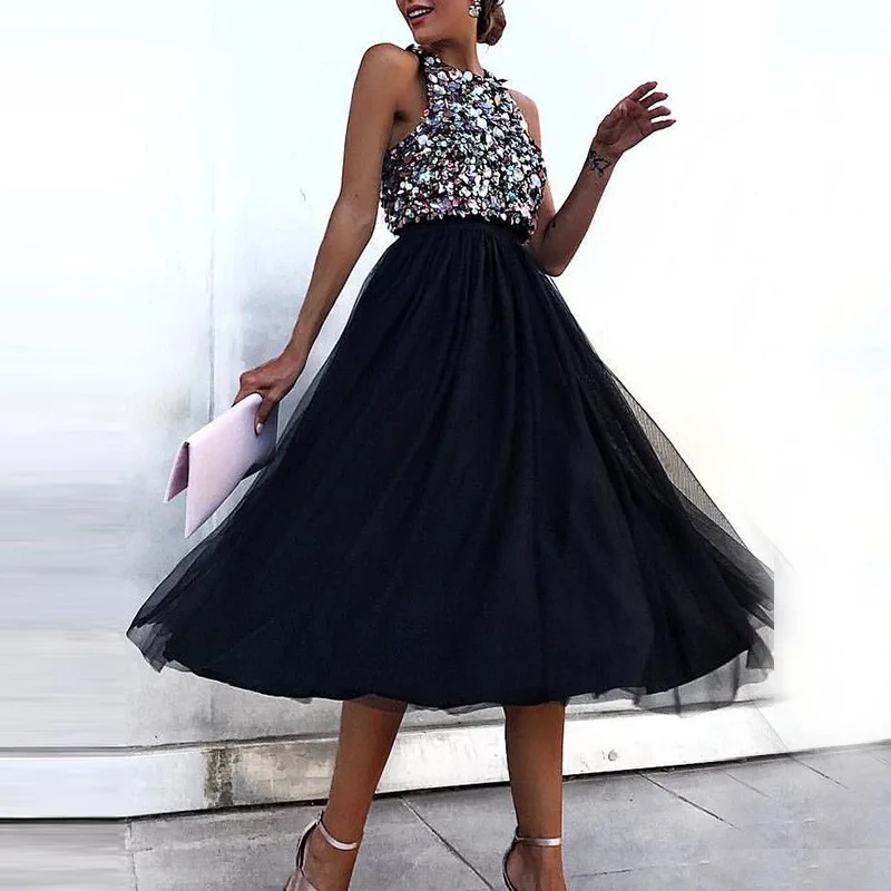 

2024 New Fashion Sexy Slim Sleeveless Halter Round Neck Beaded Pleated Dress Women’s Cocktail Dress Midi Skirt