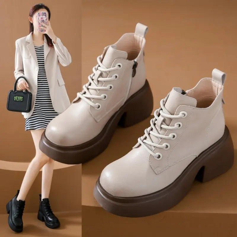 2024 NEW Fashion Casual Round-toe women's boots lace-up thick-soled boots women's handmade shoes retro women's shoes thick heels