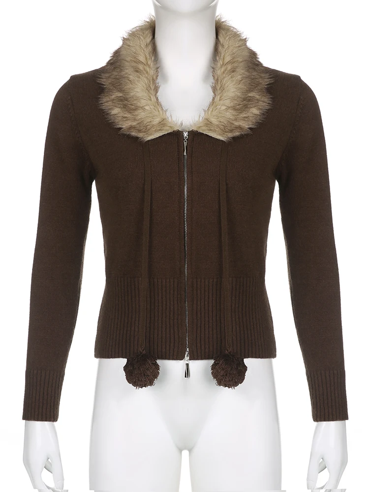 Darlingaga Y2K Aesthetic Fluffy Fur Trim Collar Women Sweaters