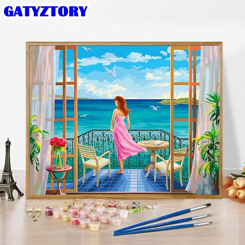 

GATYZTORY Coloring By Number Balcony Girl Kits Diy On Canvas Painting By Numbers Seascape Drawing Handpainted Modern Wall Art