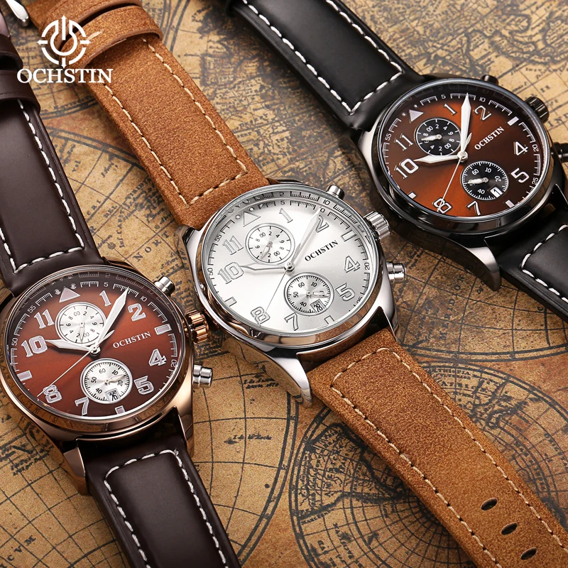 Ochstin Top Brand Multifunctional Quartz Watch Leather Strap Mineral Hardened Galss 30 Meters Life Waterproof Watches