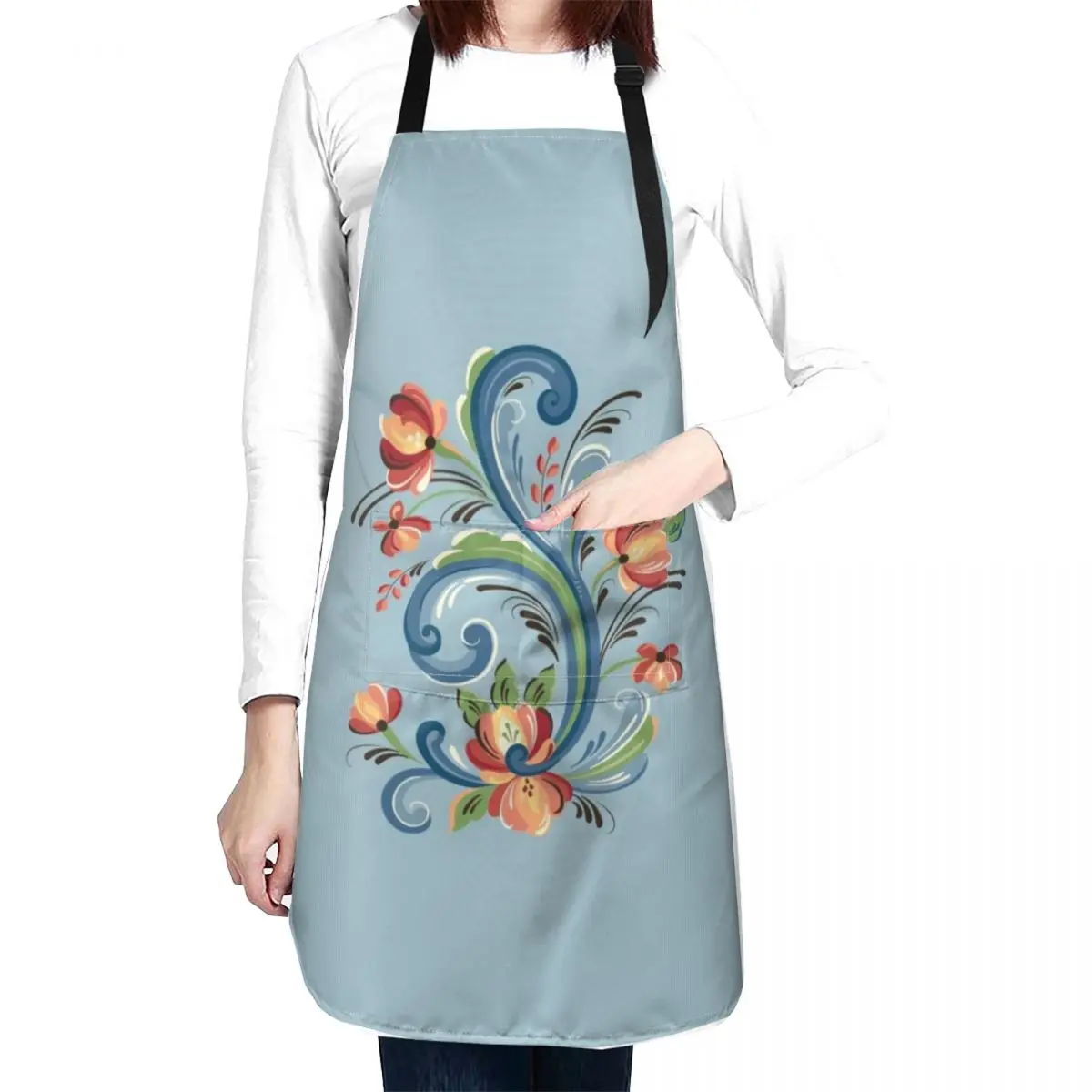 

Rosemaling Blue and Red Apron Kitchen Aprons For Men Chef Uniform Woman Home Supplies Men gift