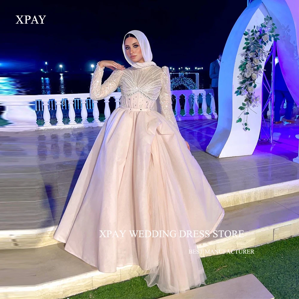 

XPAY Sparkly Glitter Muslim Arabic Women Evening Dresses Long Sleeves High Neck Satin Prom Gowns Formal Party Occasion Dress