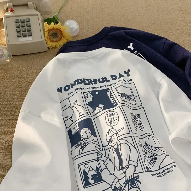 

American Retro Short Sleeved T-shirts for Men and Women Summer Oversize Loose Cartoon Cotton Couple Costume Half Sleeve Tops