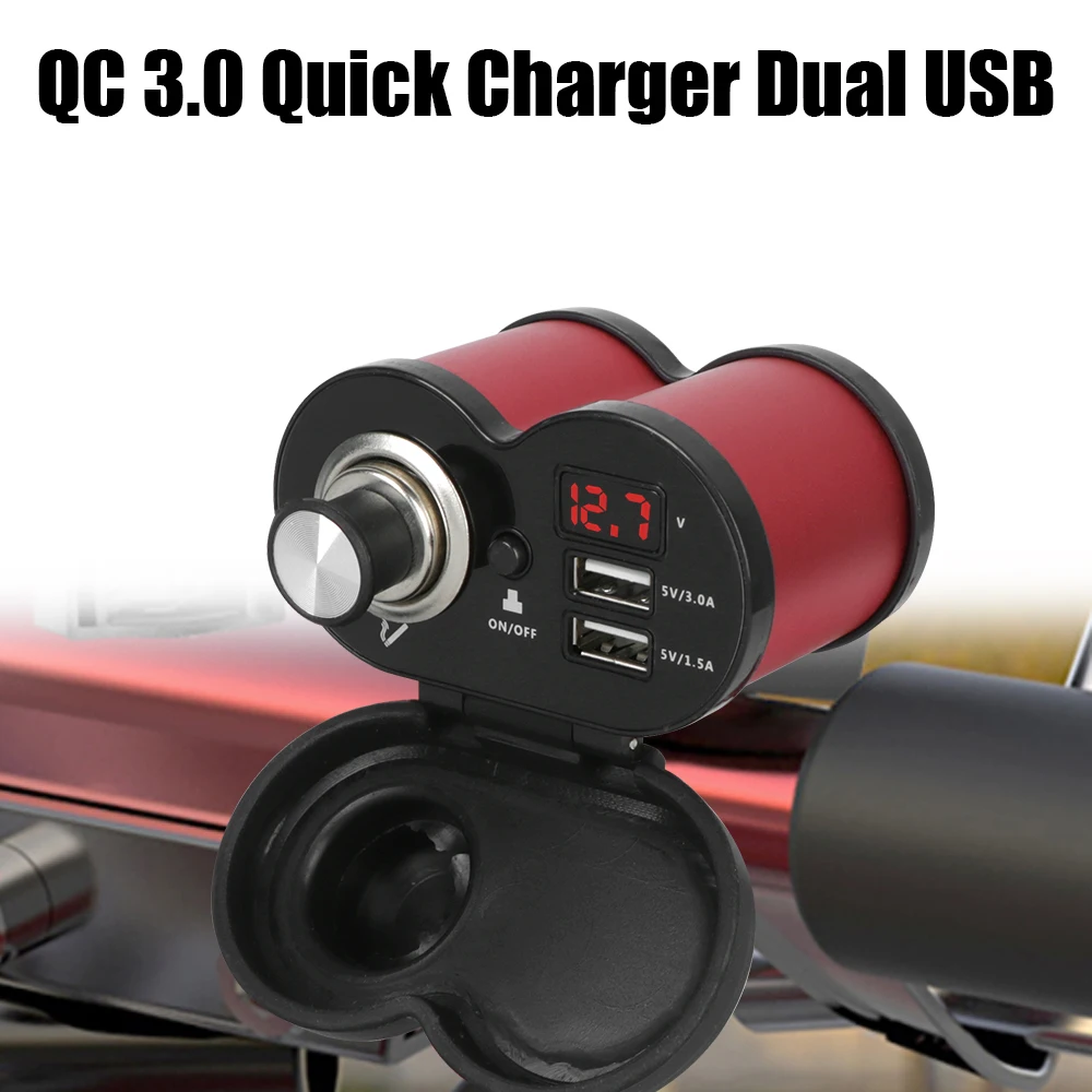 

Dual USB Port Cigarette Lighter Socket QC 3.0 Waterproof Dustproof Motorcycle Handlebar Charger Digital Voltmeter Adapter