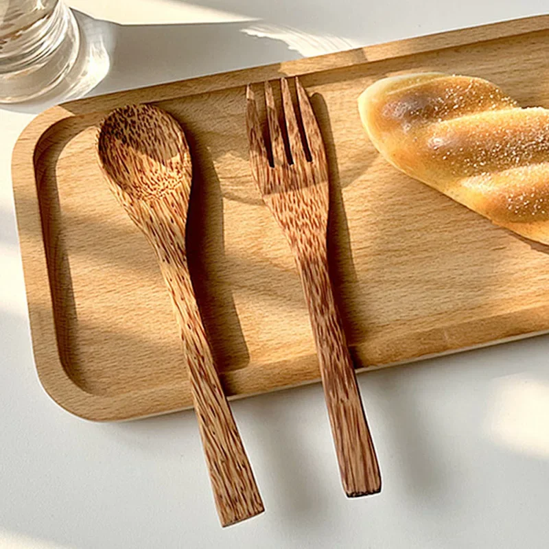 Natural Coconut Wooden Handmade Spoon Fork Knife Eating Dessert Fruit Salad Mixing Wooden Handmade Coconut Tableware Cutlery Set Picnic Cutlery Set Picnic Tableware Wooden Cutlery Set