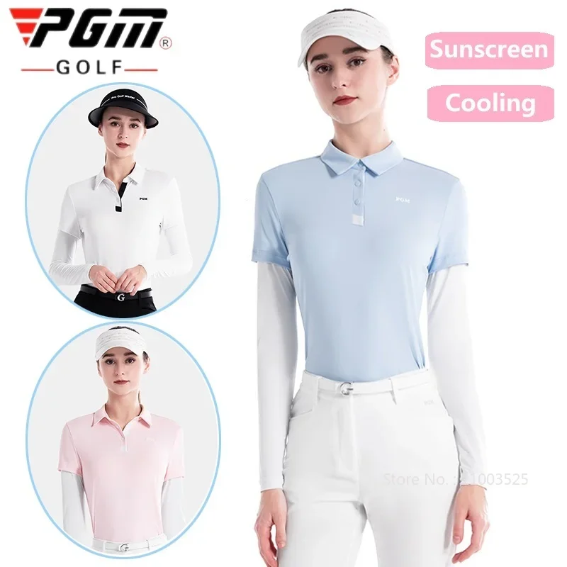 Pgm Golf Apparel Women Summer Ice Silk Cool Sunscreen Shirt Anti-UV Long Sleeved Golf Ball Top Lady Polo Neck Sportswear