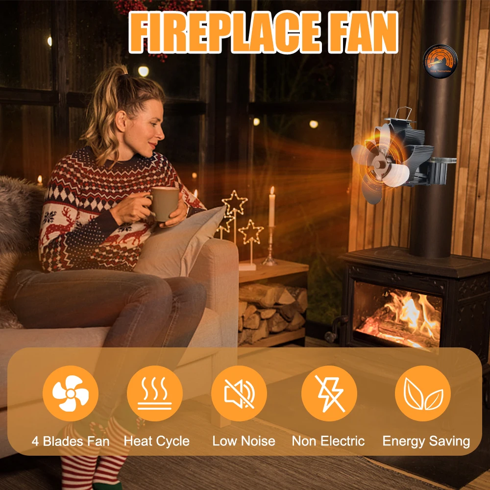 Wood Stove Fan Heat Powered Shaped Heat Distribution 4-Blade Silent Flue Pipe Hanging Fireplace Fan with Magnetic Thermometer