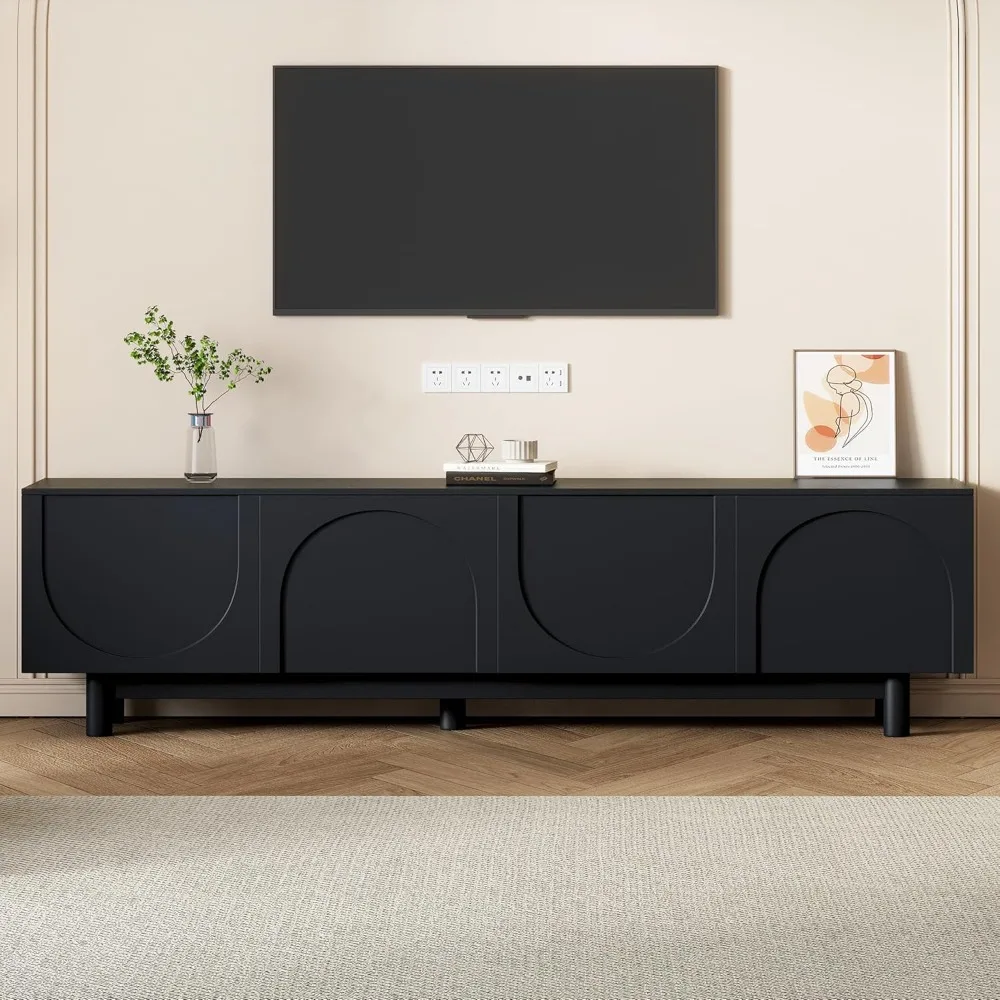 Modern TV Stand for 80"+ TV, 70" Wood TV Console with Arched Doors, Arch Entertainment Center with 2 Storage Cabinets 2