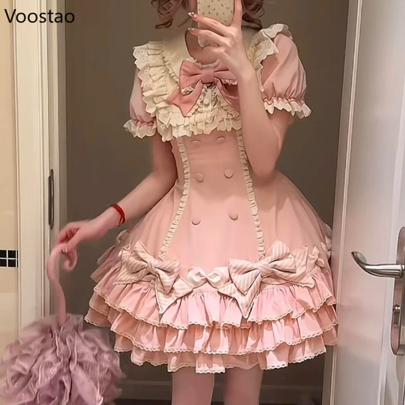 Japanese Sweet Lolita OP Dress Women Vintage Kawaii Lace Puff Sleeve Bow Princess Party Dresses Girl Y2k Cute Evening Cake Dress