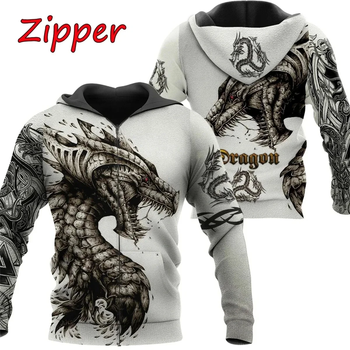Sudadera con capucha para hombre, jersey con estampado 3D de dragón de tatuaje en blanco y negro, ropa de calle Unisex, chaqueta
