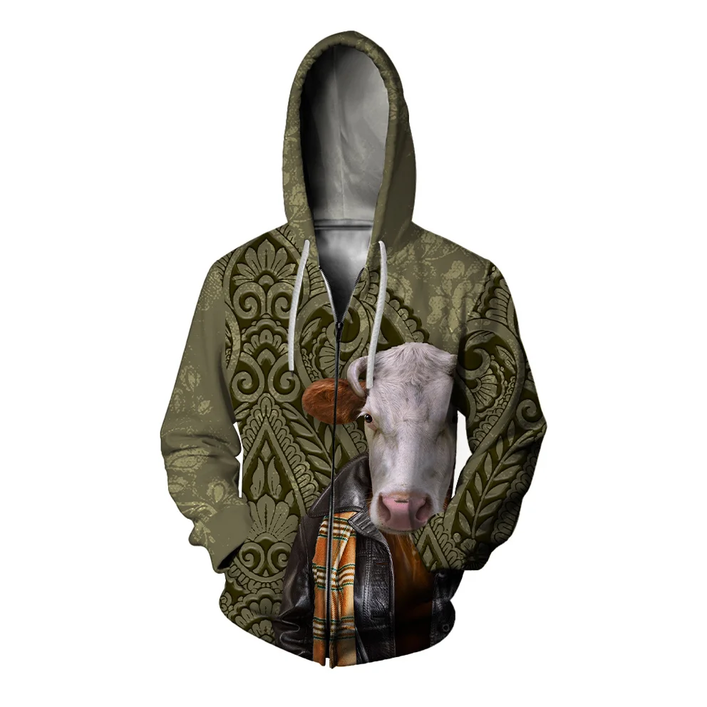 thumbnail image 1 of Sudadera con capucha informal de otoño para hombre, sudadera con cremallera, estampado moderno de vaca y caballo, sudadera con capucha holgada de calle divertida y a la moda para hombre, 1 of 4