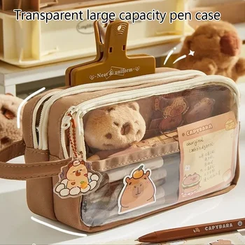 Materiale scolastico Astuccio per matite estetico trasparente Simpatiche spille per capibara e adesivi in peluche e blocchetto per appunti Astuccio per capibara carino