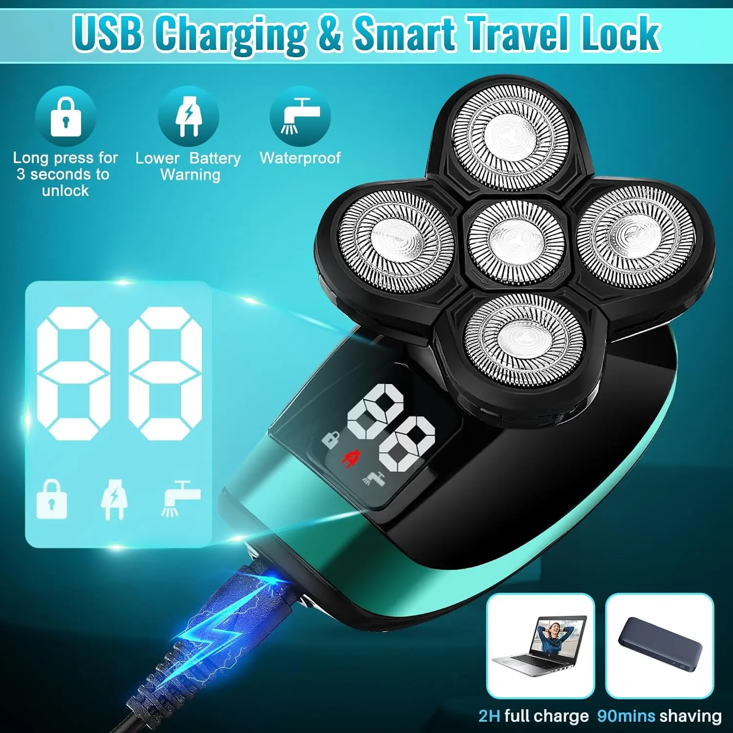 Electric Shaver 5-in-1 Professional Waterproof Beauty Set Men's LCD Rechargeable Beard Bald Head Shave