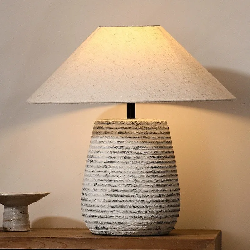 

Japanese Style Wabi Sabi Table Lamp Retro Ceramics Bedroom Bedside Lamp with Fabric Lampshade Living Room Decorative Table Light