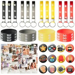 100Pcs Movie Night Party Supplies Kit Theater Element Bracelet Keychain Badge Classic Film Photo Wall Decor Party Gift for Teens