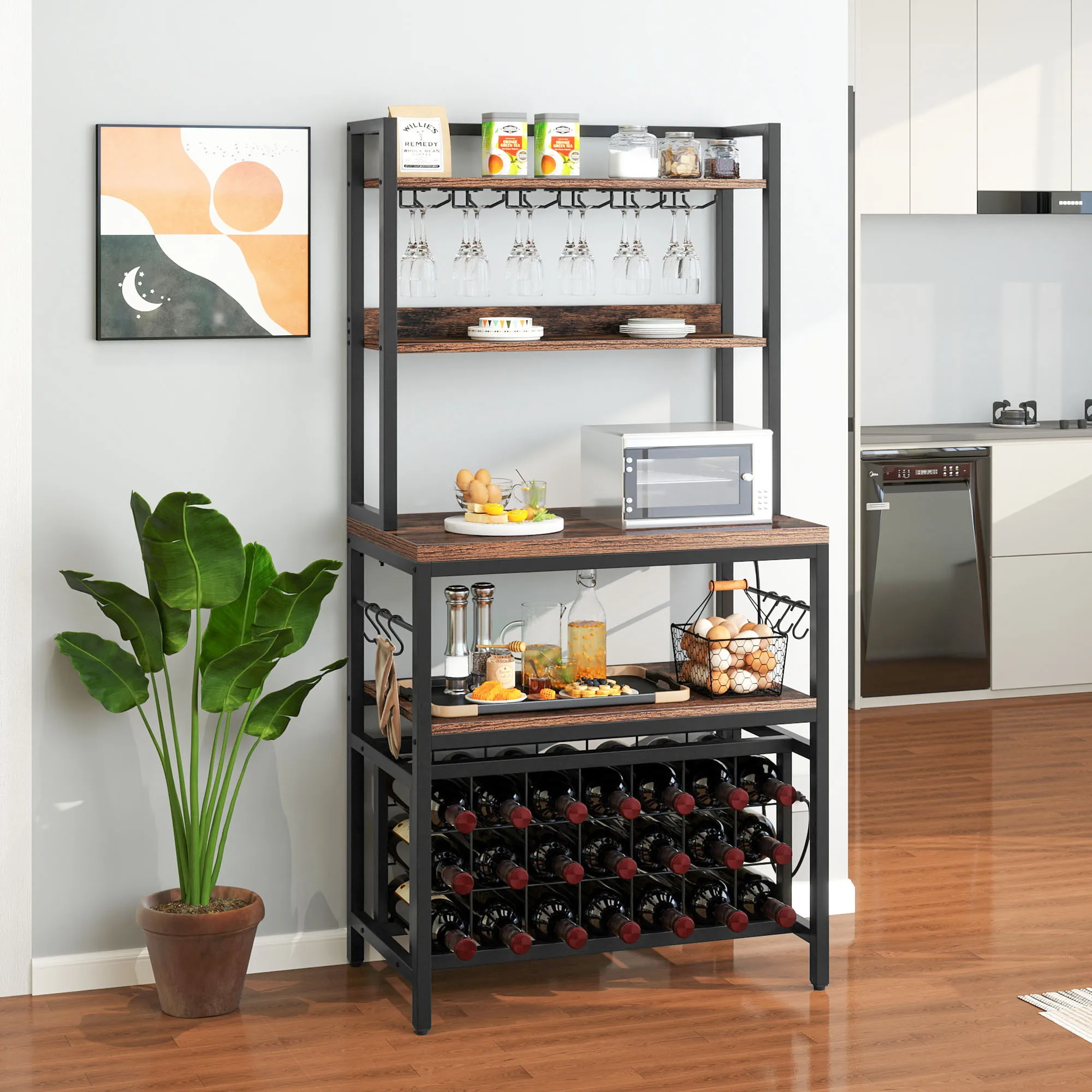 Wine Bar Table Wine Rack Bakers Rack with Glass Stemware Holders for Kitchen Pub