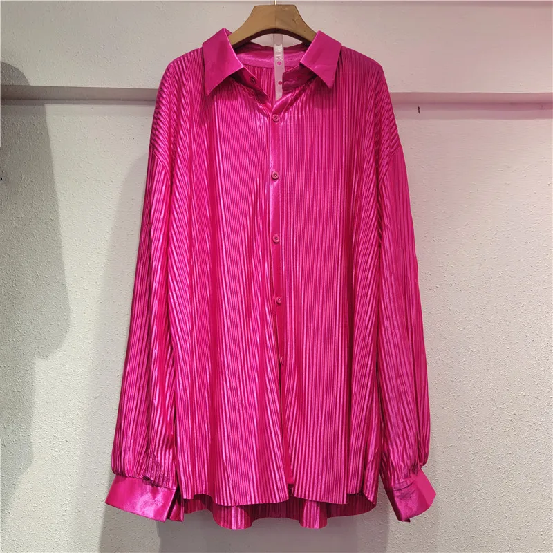 Fashion Elegant Wide Leg Pants Set 2024 Spring New Pleated Solid Color Long Sleeve Shirt and Trousers 2 Piece Sets Women Outfits