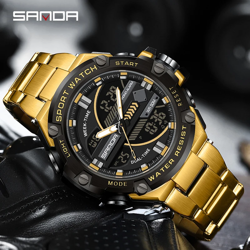 

SANDA Dual-display Men's LED Electronic Watch Chronograph Stainless steel Strap Waterproof Sports LED Digital Quartz Watches