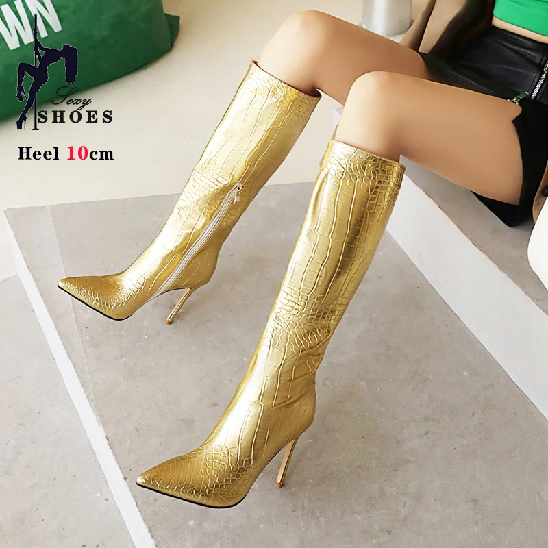 2024 Crocodile Pattern Embossed Knee-length Leather Stiletto Heel Boots Women Pointy Patent High Heels Winter Boots Winter Shoes