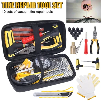 Car Tire Repair Tool Kit Studding Set Auto Bike Puncture Plug Garage Needle Nose Pliers Vacuum Film Nail Screws W/ Storage Case 1