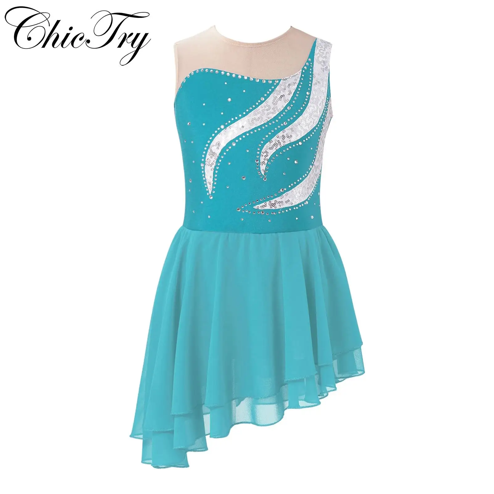 

Kids Girls Ballet Dance Dress Long Sleeve Figure Skating Dress Rhinestone Lyrical Dance Modern Contemporary Stage Dancewear