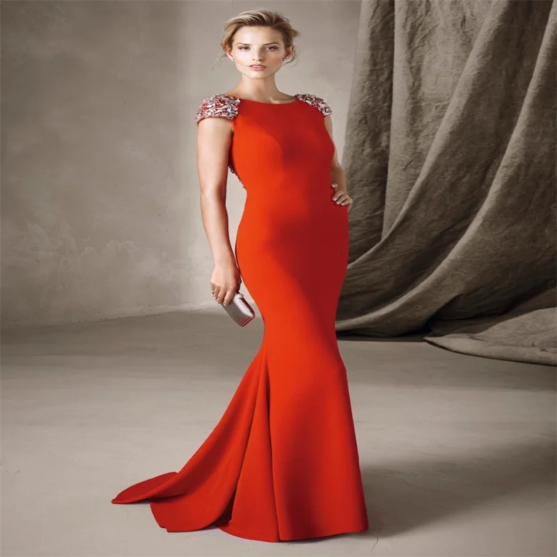 

MULONG Red Dresses For Prom Crystal Beading O Neck Floor Length Mermaid Elegant Wedding Party Gown Latest Fashion 2023