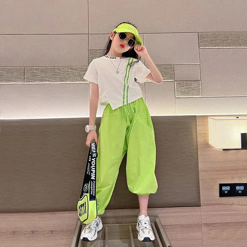 

Girls' Sports Suit 2023 New Summer Korean Fashion Irregular Short Sleeve T-shirt + Casual Trousers 2Pcs Set 3-12Y