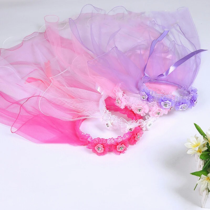 Children Bridal Veil Hairband Double Layers Tulle Flowers Garland Ruffles Floral Lace Wedding Party Wreath bridal veil