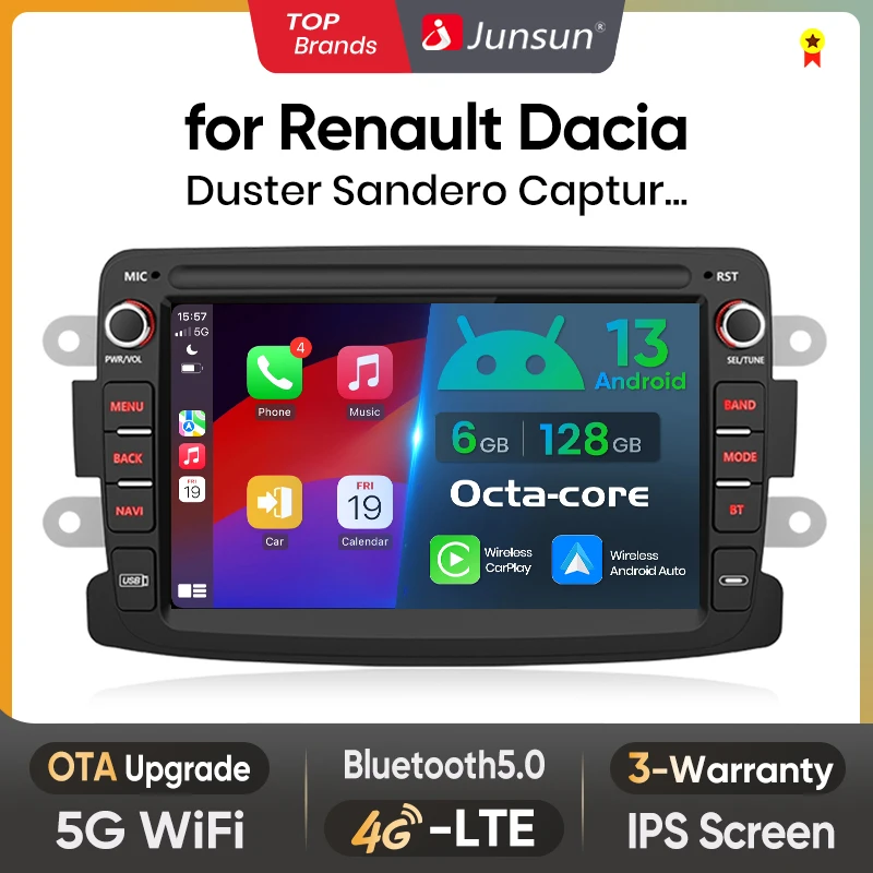 Junsun 7" Wireless Carplay Android Auto Autoradio für Renault Dacia Duster Sandero Dokker Logan Captur GPS RDS Multimedia Player