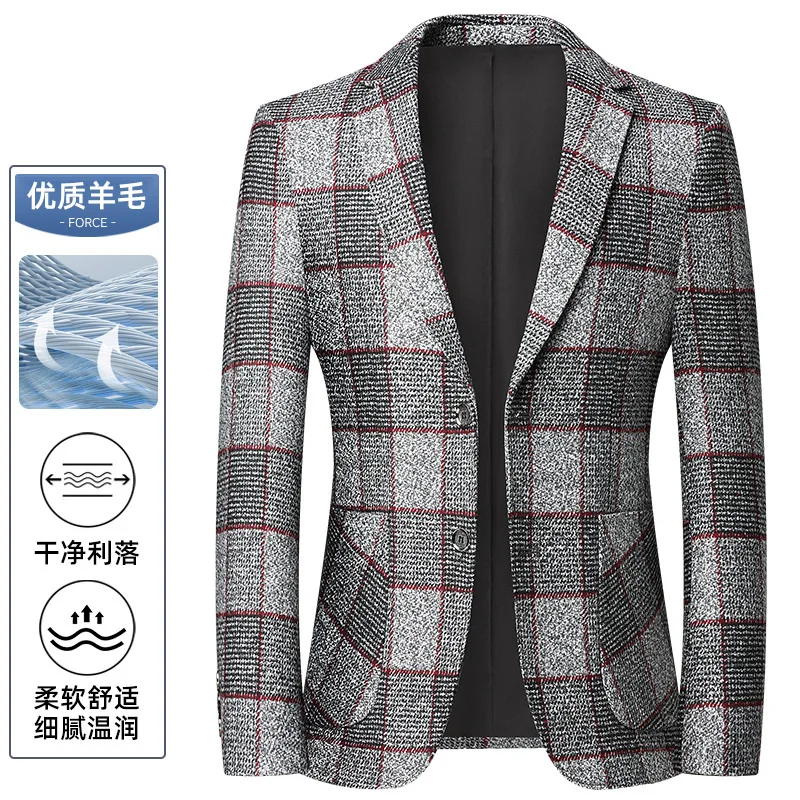 

HOO 2024 Men's Spring New Wool Plaid blazer Youth Business Casual blazers
