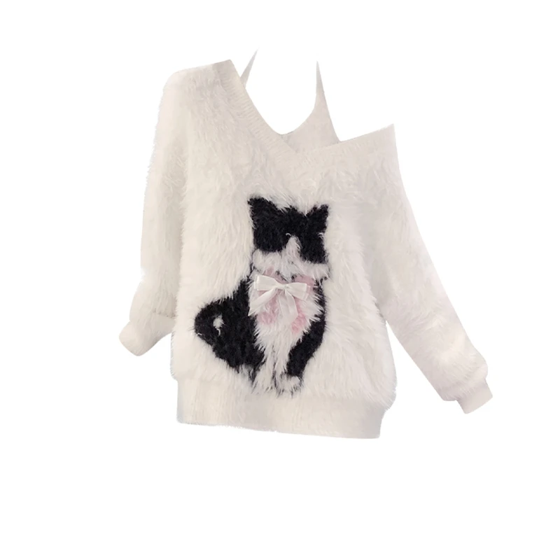 2024 Inverno Casual Cartoon Cat Skew Collar Donna Maglioni Pullover A Maniche Lunghe Sweet Chic Fashion Jumpers Vestiti Top