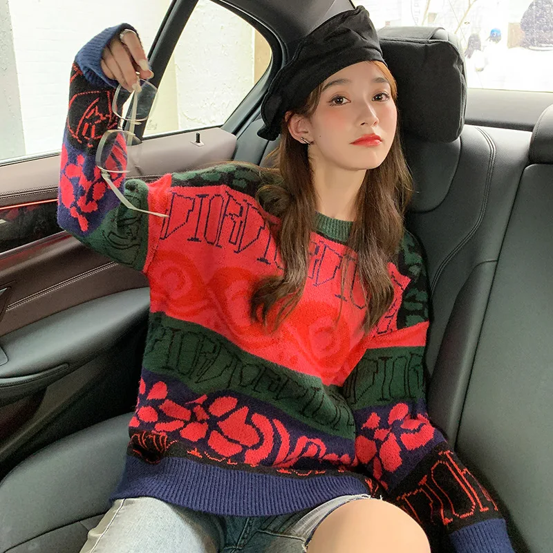 

Plus Size 3XL Women's Sweater Stripe Letter Sweaters Women Casual Tops Harajuku Pullover Winter Vintage Jumper Pull Streetwear