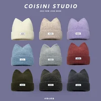 Korean Version New Cute Cat Ear Letter Patch Knitted Hat Women's Autumn and Winter Thickened Warm Versatile Simple Beanie Cap 1
