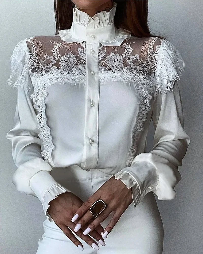 Women Lace Solid Color Casual Shirt White High Collar Mesh