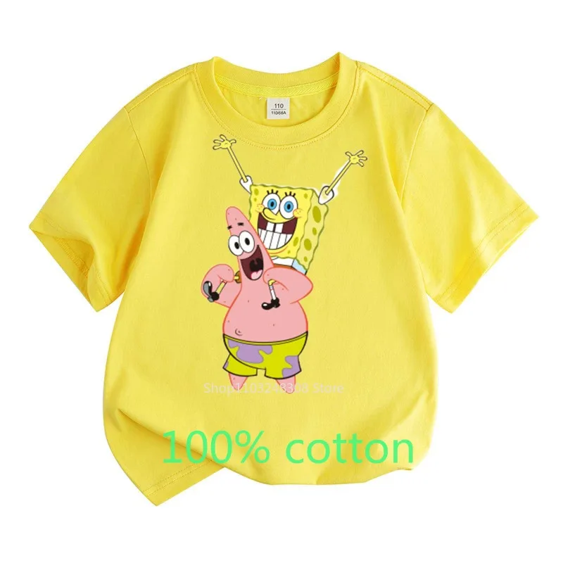 SpongeBob and Patrick 100% Cotton T-shirt Summer Fashion Children Clothes Boys Girls Kids Top Toddler Round Neck Short-sleeved 6
