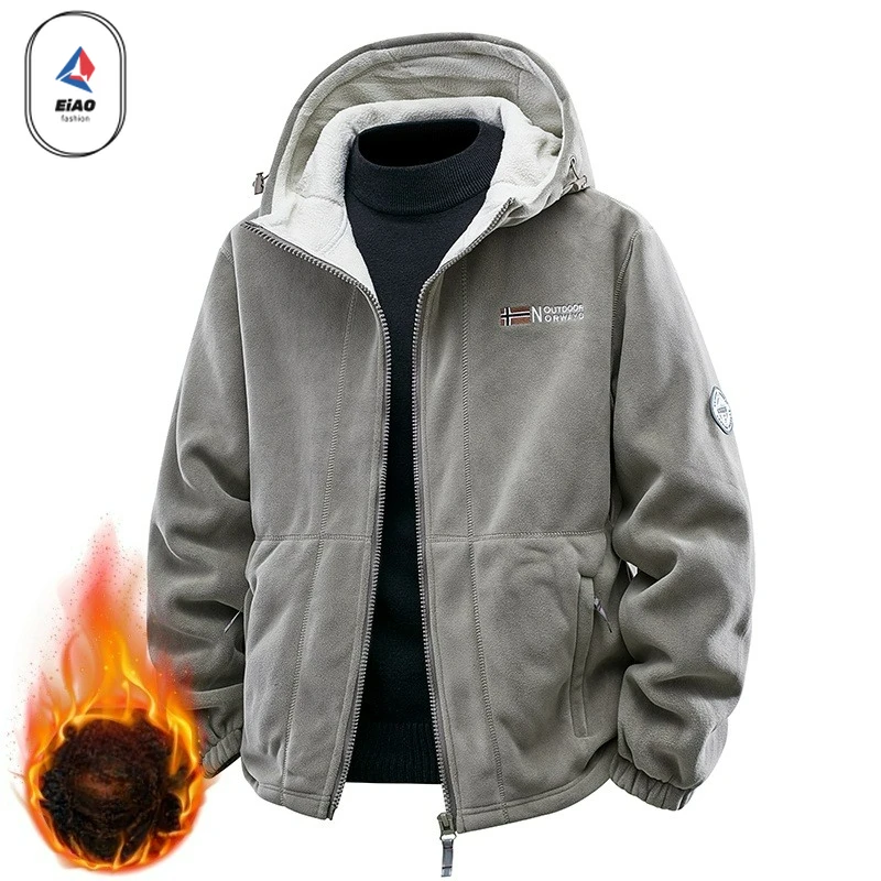Outdoor Camping Skiing Jackets Mens Winter New Thick Soft Fleece Hooded Jacket High Quality Embroidered Design Cold-proof Coat