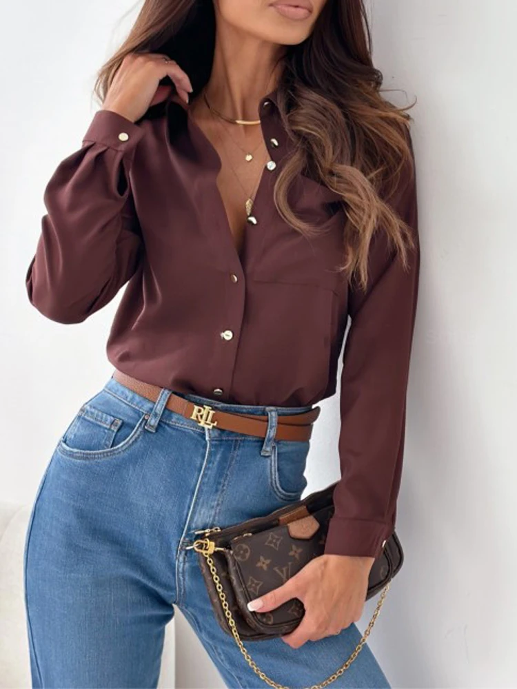 Women Summer Casual Solid Color Button Slim Shirt