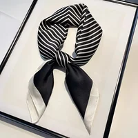 2024 New Fashion Square Imitation Silk Scarf Black And White Striped Head Wrap For Women Multifunction Silk Feeling Neckerchief 2