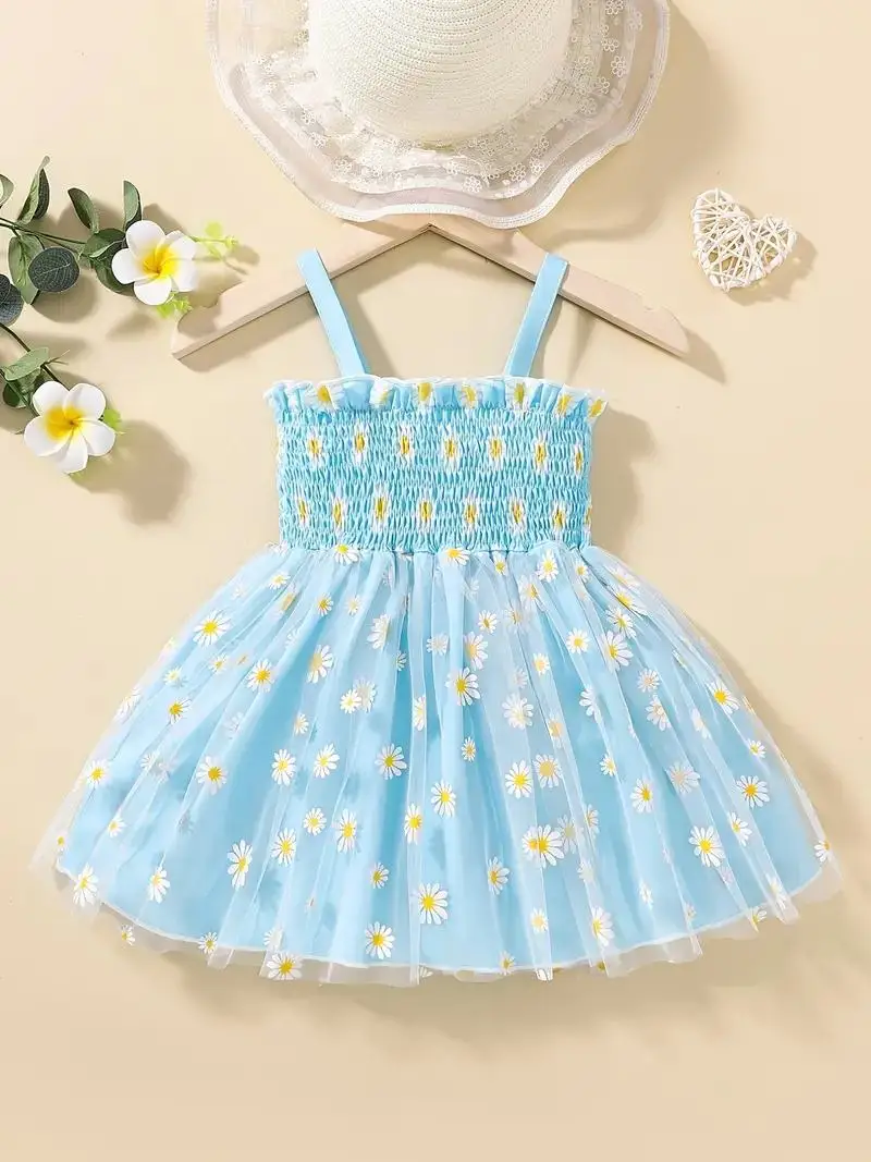 Girls Dress Infant Toddler Cartoon Daisy Pattern Shirred Casual Mesh Cami Summer