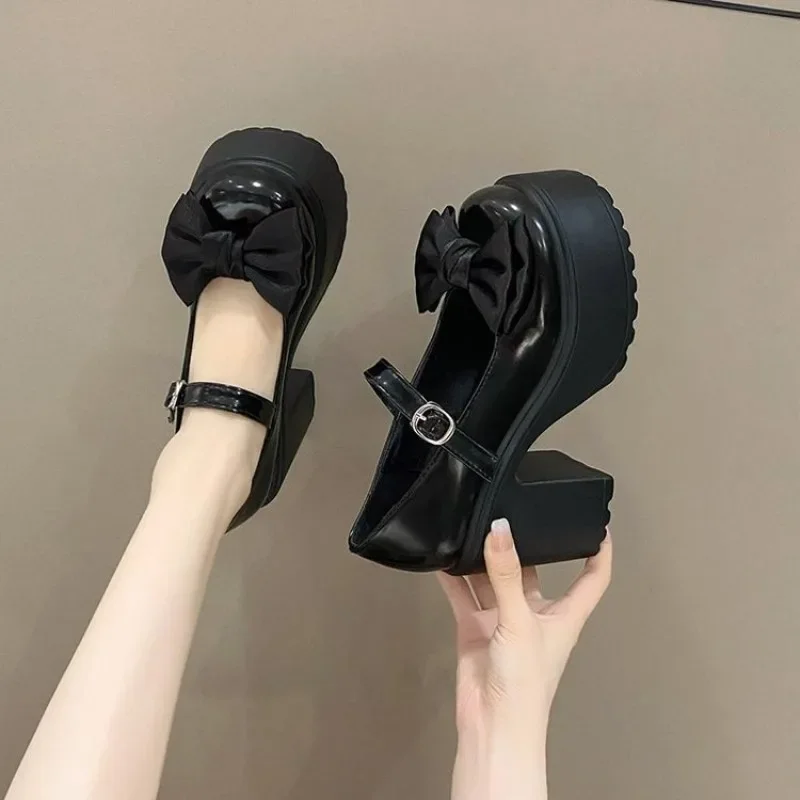 White Round Toe Platform High Heels Women Mary Jane Shoes Retro Bows Elegant Chunky Heel Women's Wedding Shoes 5