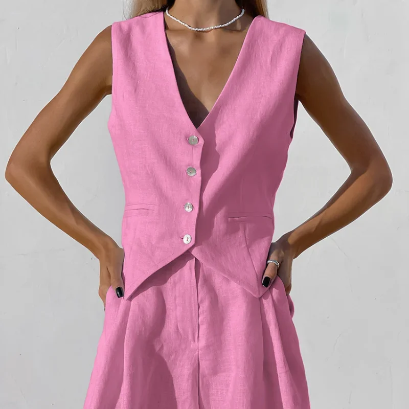2023 New Cotton Line Waistcoat Shorts Sets Women Sleeveless Single Breasted Top Two Piece Set Womens 2023 Summer Lady Set