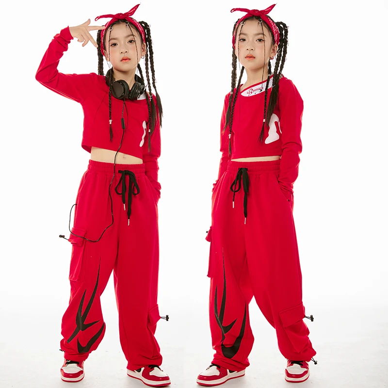 

Girls Jazz Dance Modern Costumes Long Sleeved Loose Pants Red Outfits For Kids Hip Hop Dancing Performance Rave Clothes DN16395