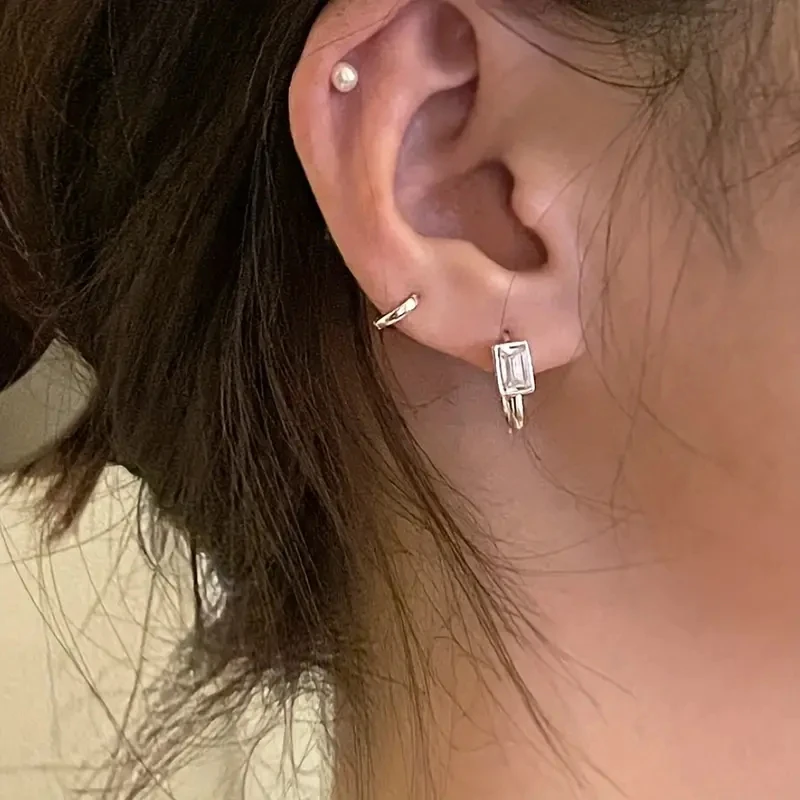 Huitan Rectangular Cubic Zirconia Hoop Earrings Silver Color Close-up